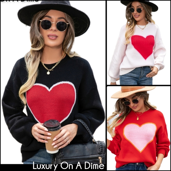 Knit Heart Contrasting Classic Round Neck Pullover Top Long Sleeve Sweater Shirt - Picture 8 of 8